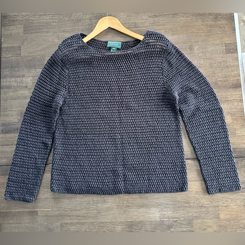 Lauren Ralph Lauren Hand Knit Black Open Knit 56% Linen Womens Large Petite